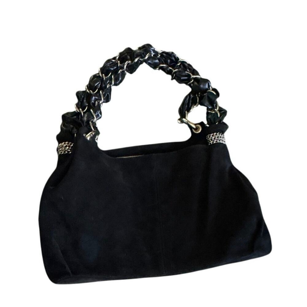 Stuart Weitzman Black Suede Woven Leather Chain Handle Shoulder Bag Rhinestone